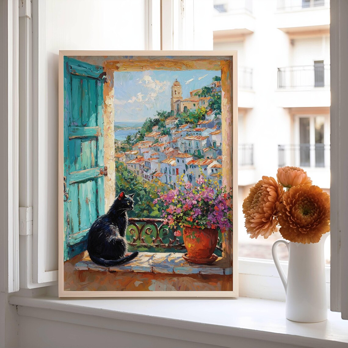 Black Cat on a Balcony Overlooking a Coastal Village Teal Window Poster - Image 6