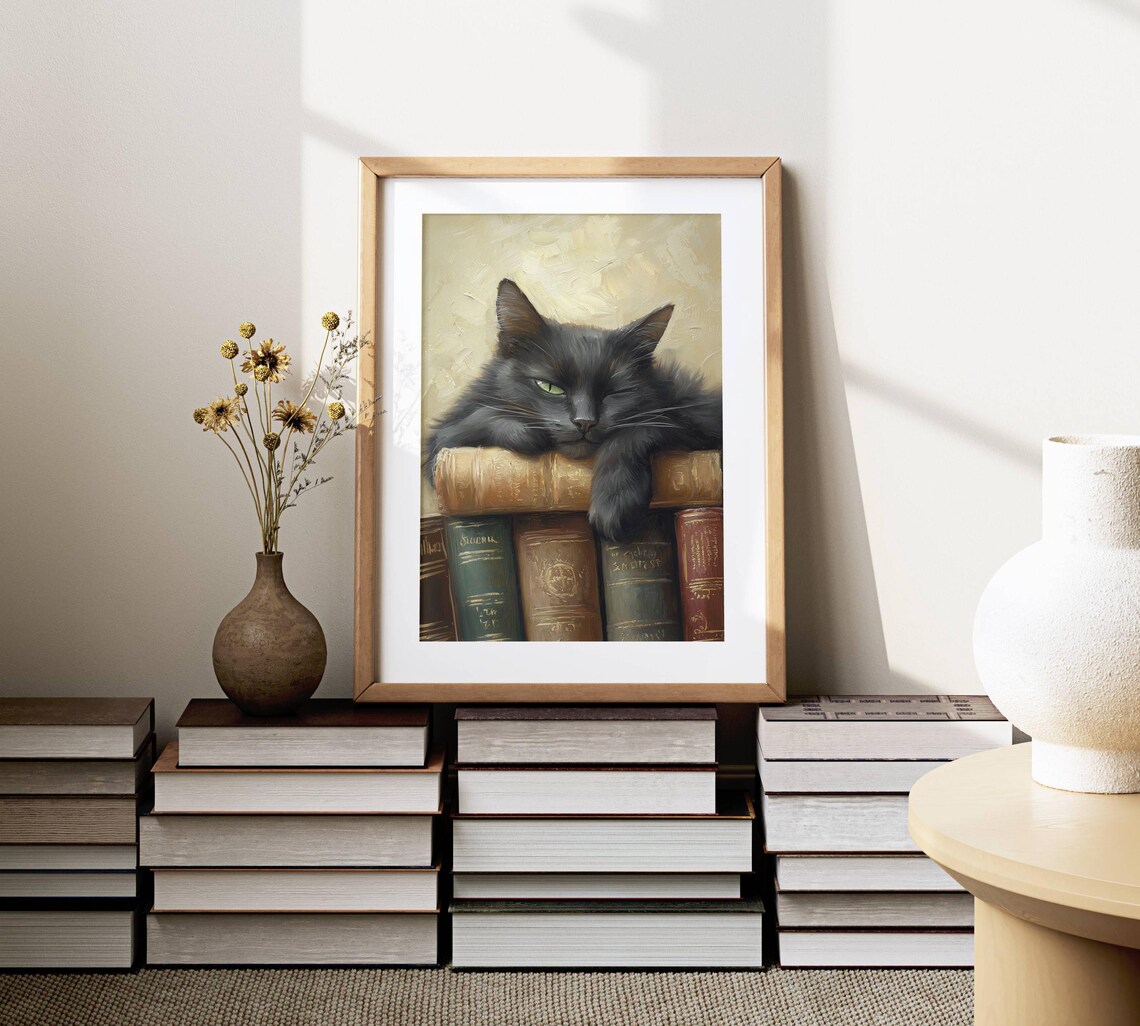 Cozy Black Cat and Books, Light Academia Art Print - Image 5