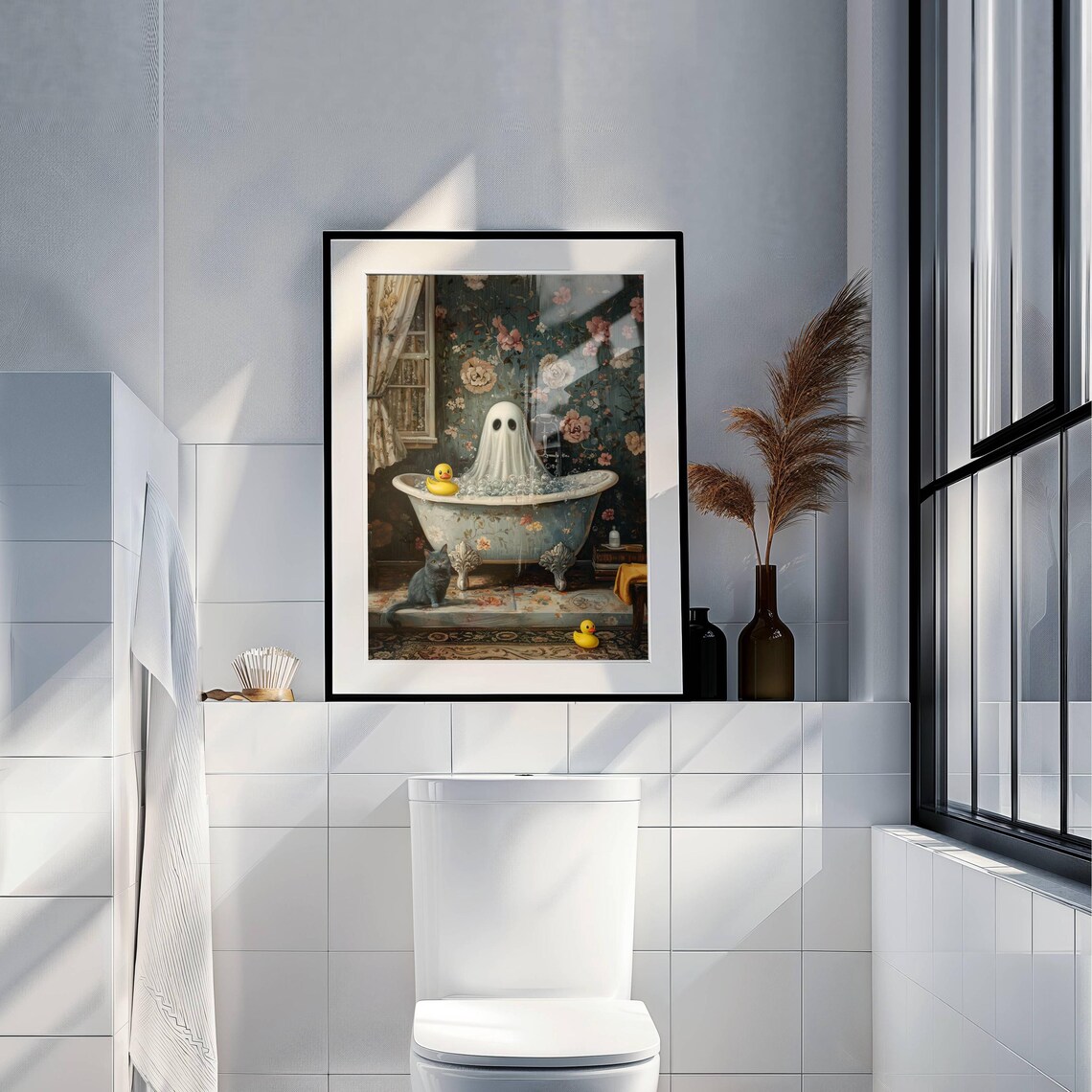 Ghost With Rubber Duck Bath Art, Gray Cat Print - Image 7
