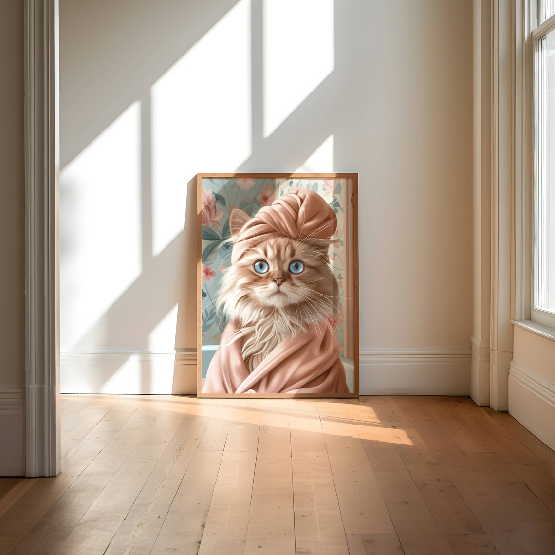 Fluffy Cream Cat Wearing a Spa Towel Wrap in a Cute Bathroom Poster - Image 3