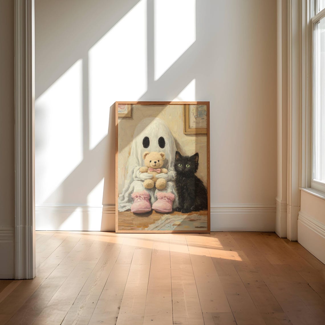 Ghost in Pink Slippers Holding a Teddy Bear Next to a Black Cat Poster - Image 4