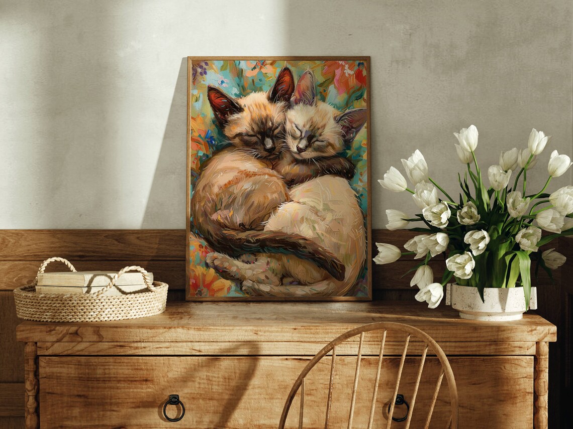 Two Sleeping Siamese Kittens Curled Up in Colorful Painterly Art Poster - Image 4