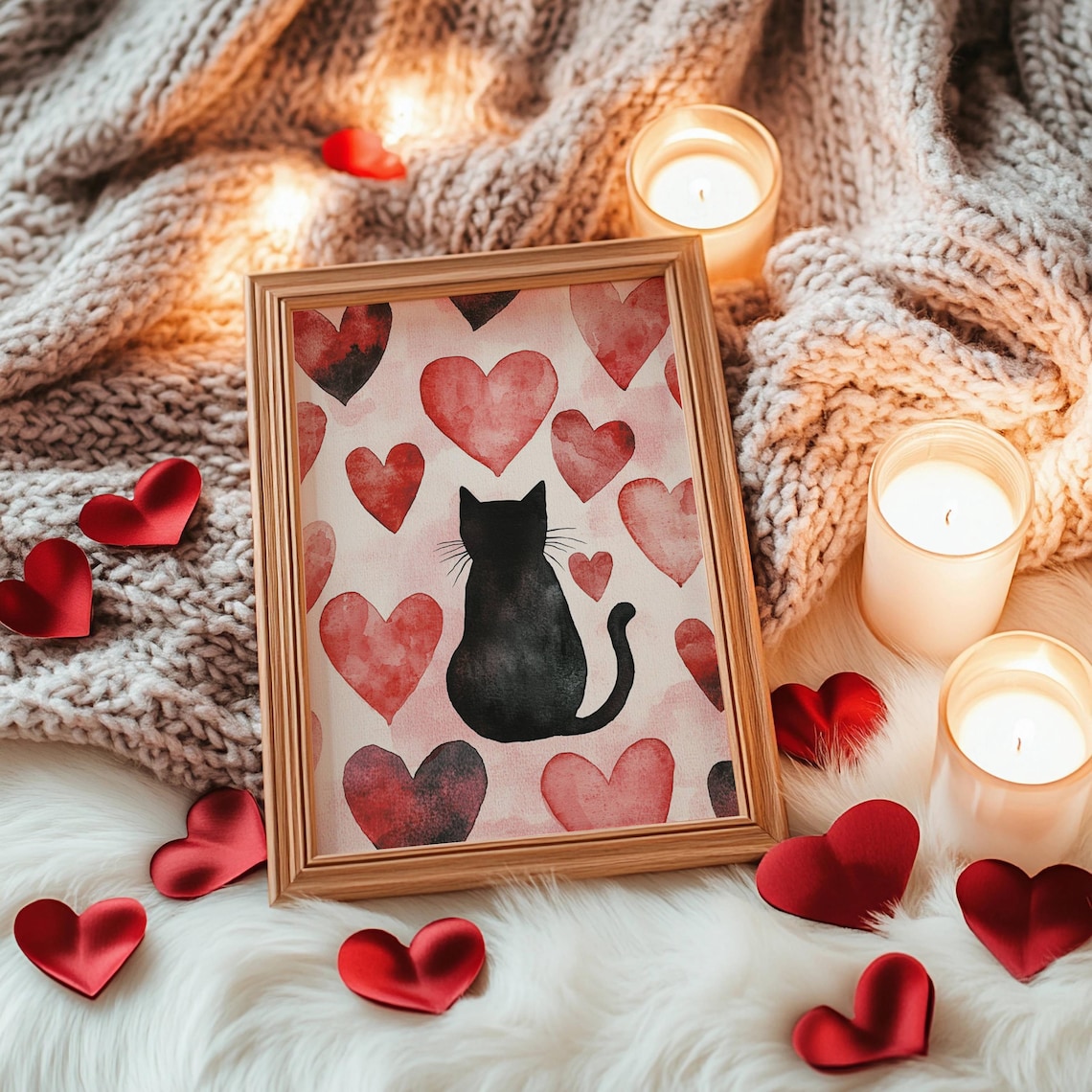 Valentines Day Watercolor Hearts and Black Cat Poster