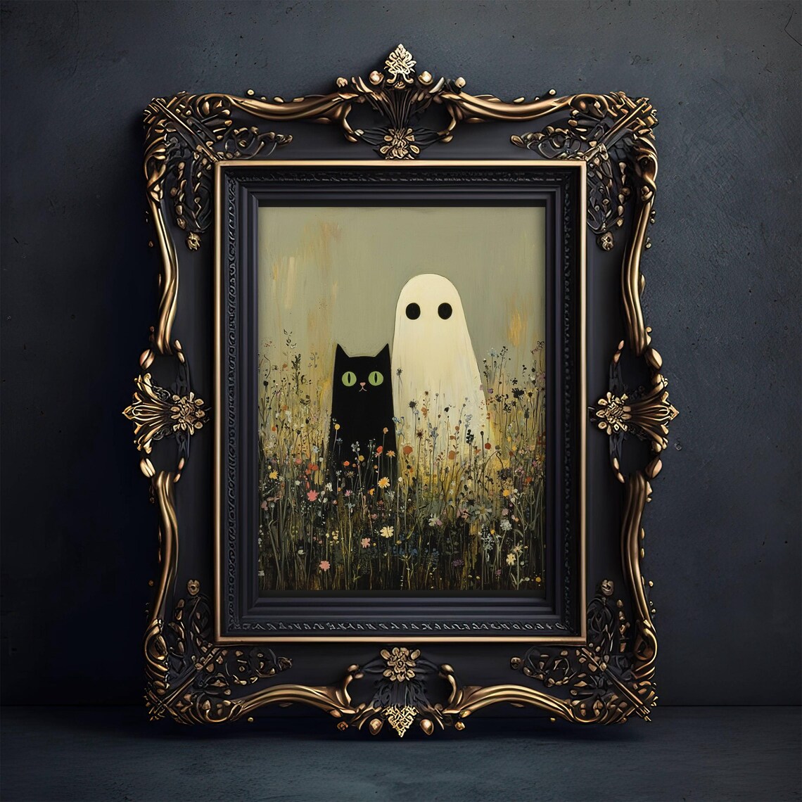 Black Cat and Ghost in Wildflowers Wall Art Print