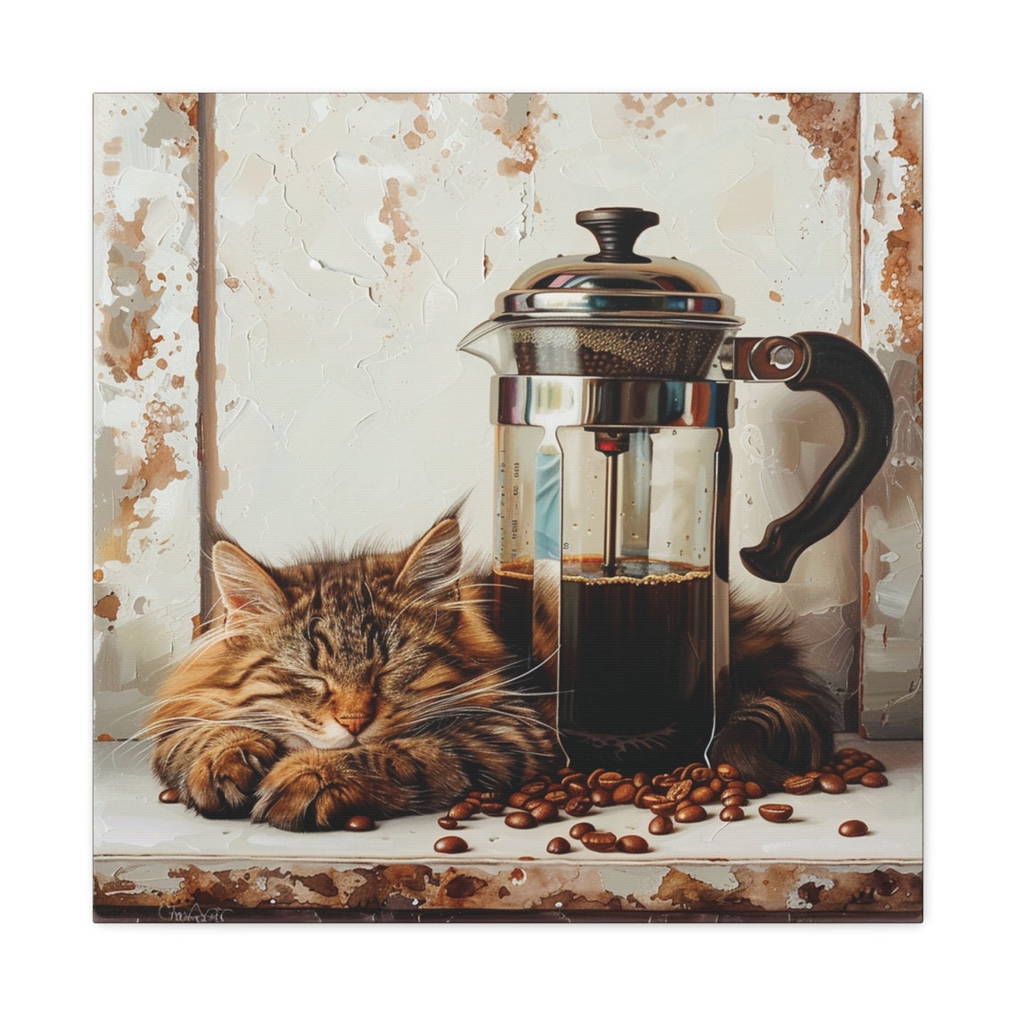 Fluffy Tabby Cat Napping by French Press Coffee Painting Poster - Image 2