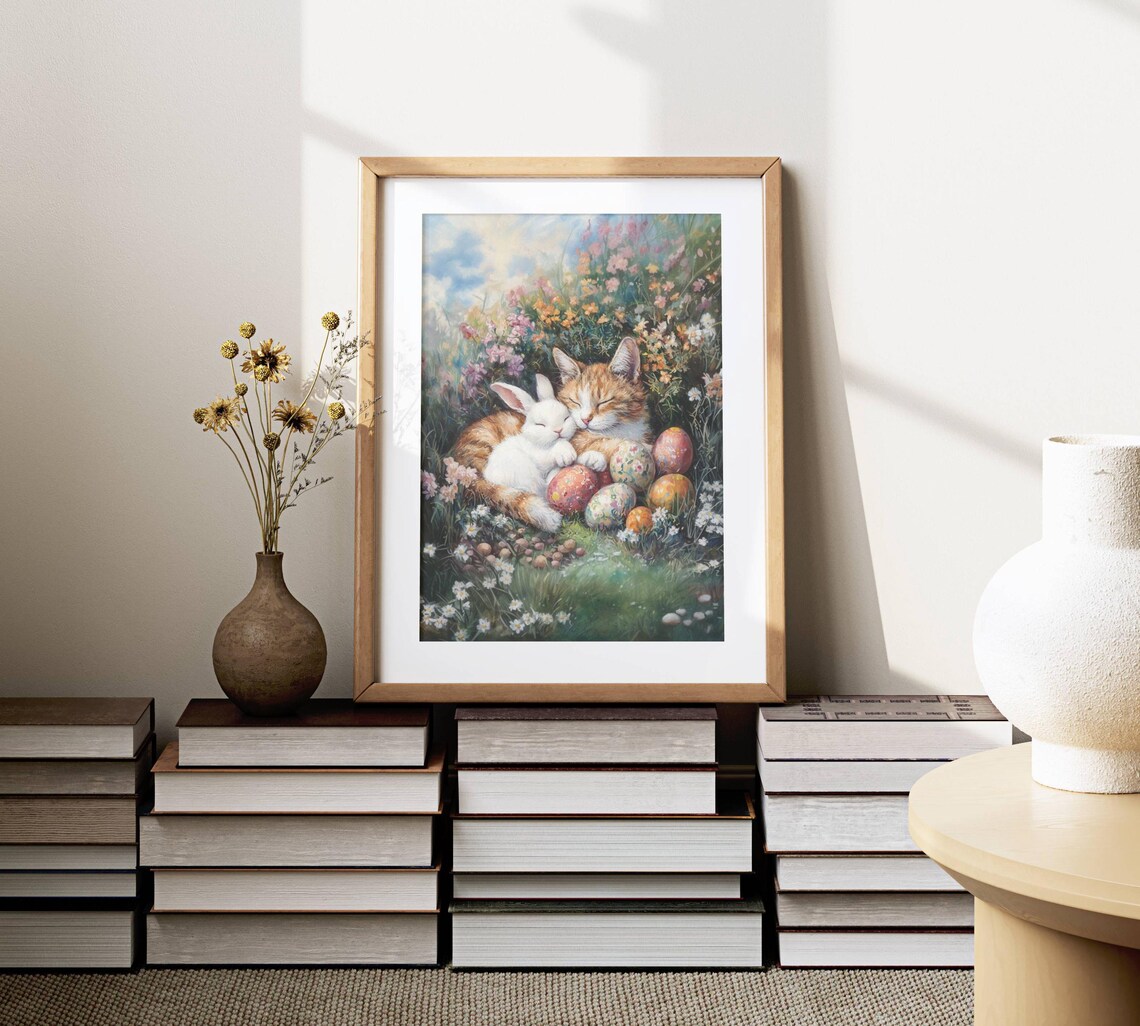 Easter Sleeping Orange Tabby Cat and Bunny Poster - Image 4