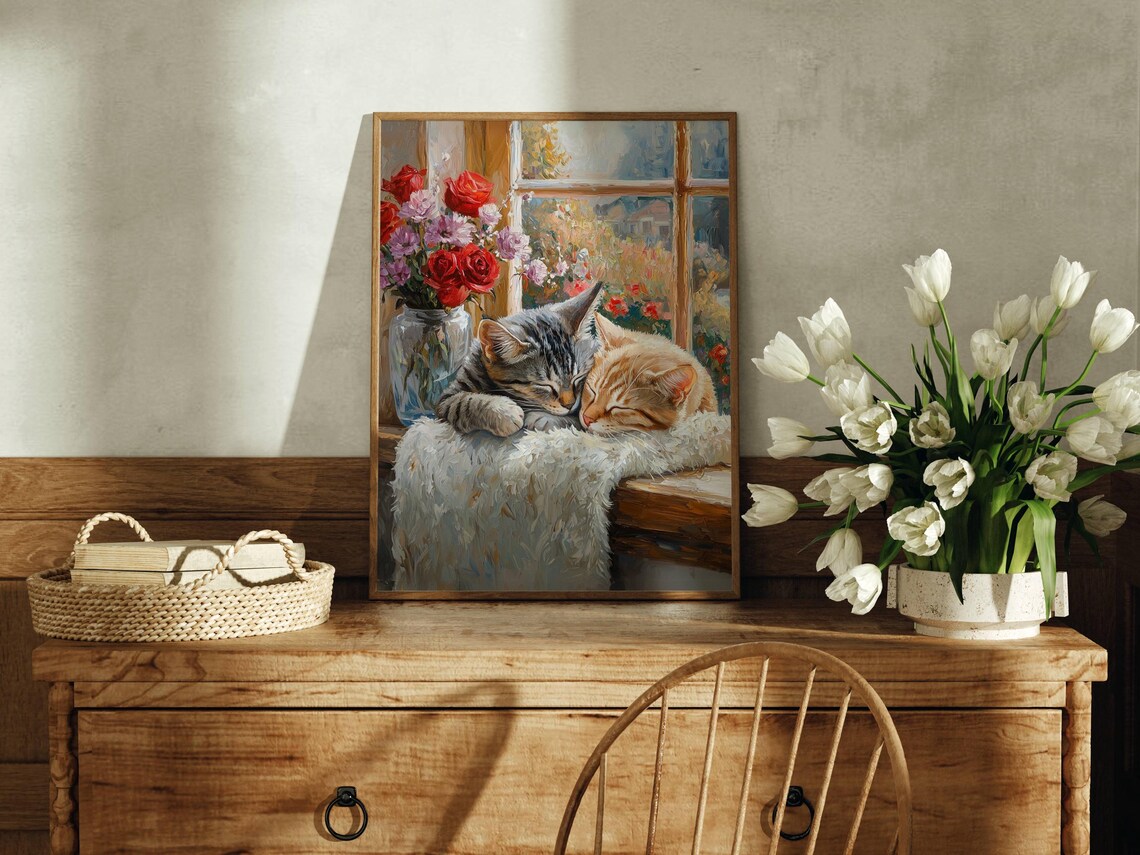 Tabby Cats In Window Floral Cat Art Print - Image 4