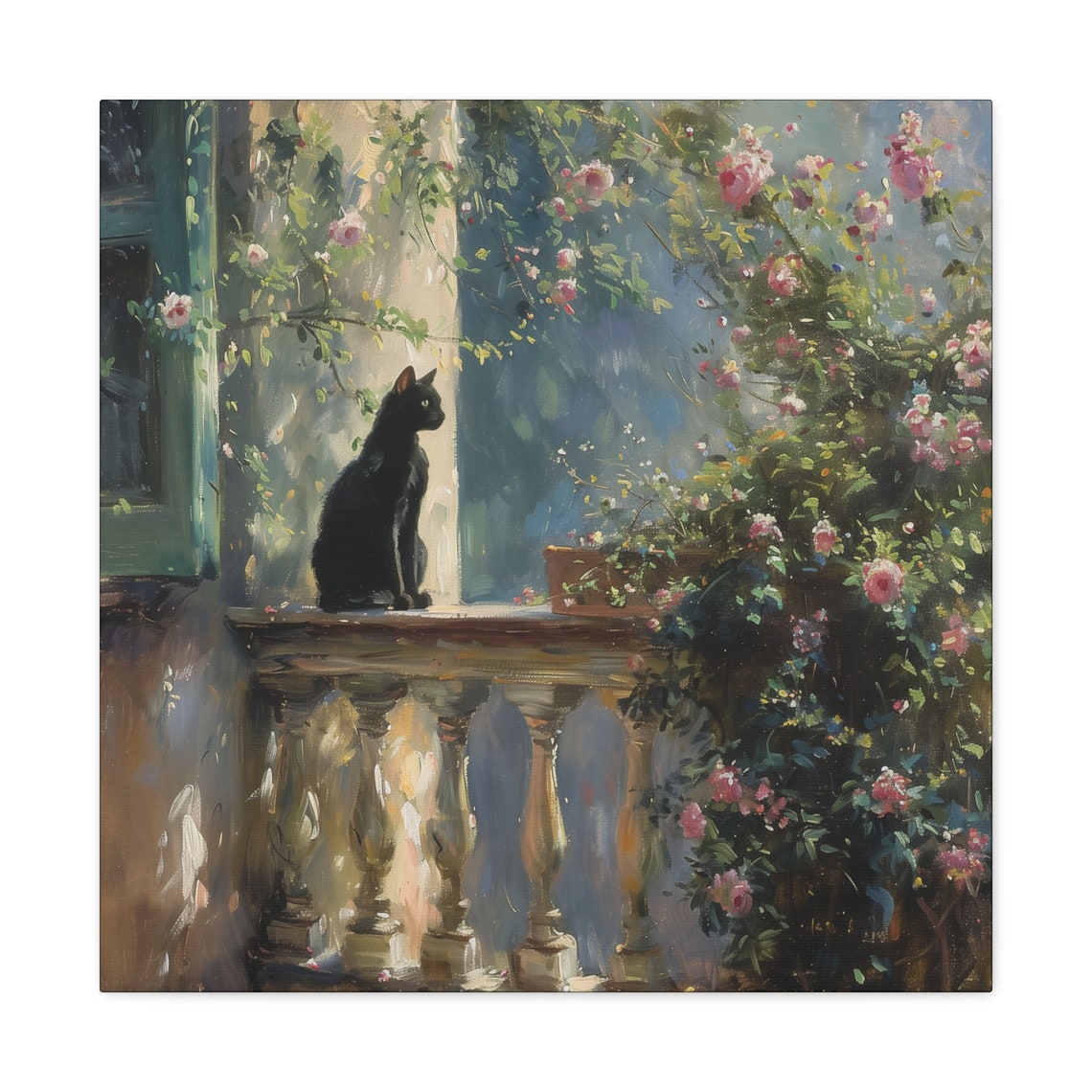 Black Cat on Garden Balcony Among Pink Climbing Roses Painting Poster - Image 2