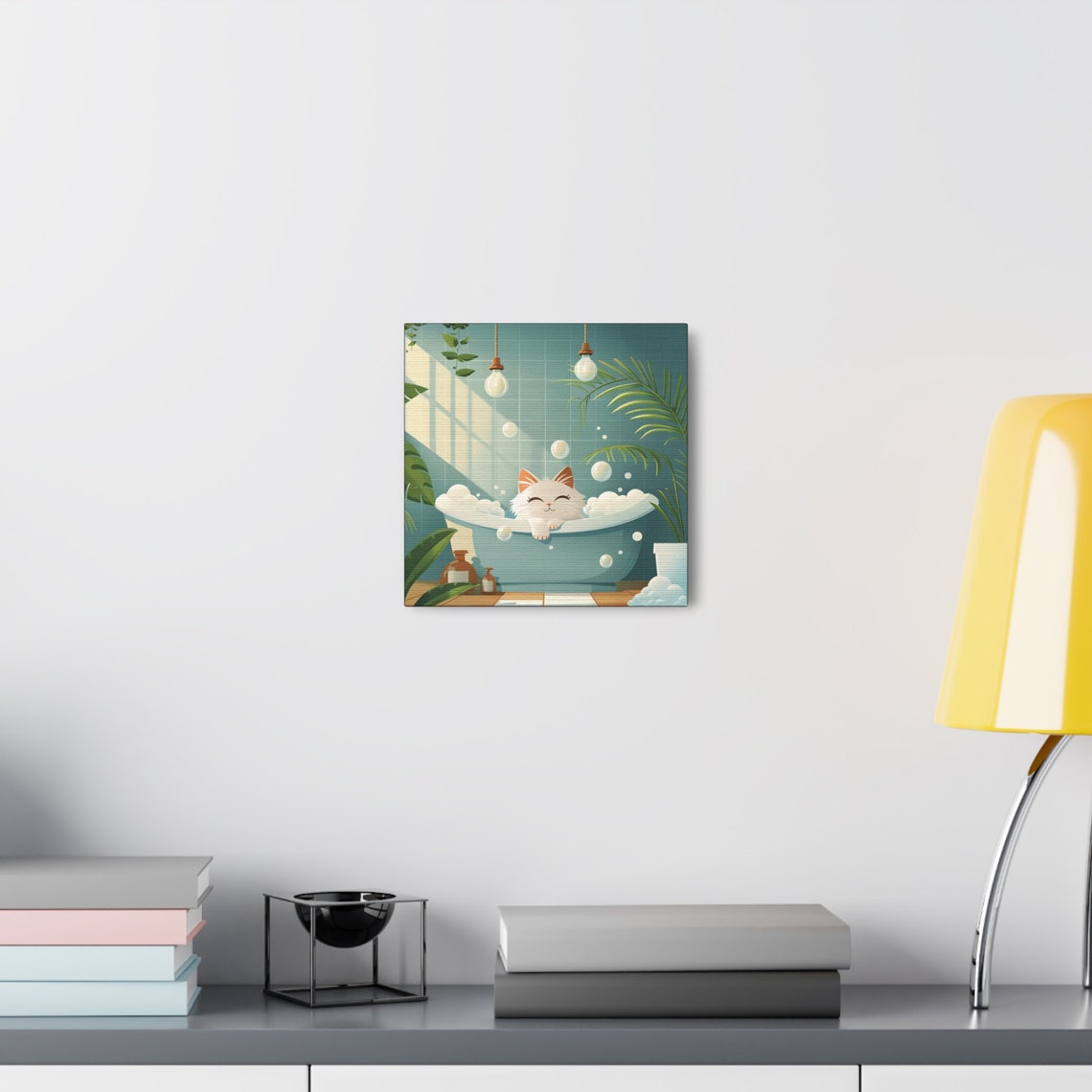 Happy White Cat Relaxing in a Teal Bubble Bath Cartoon Poster - Image 7