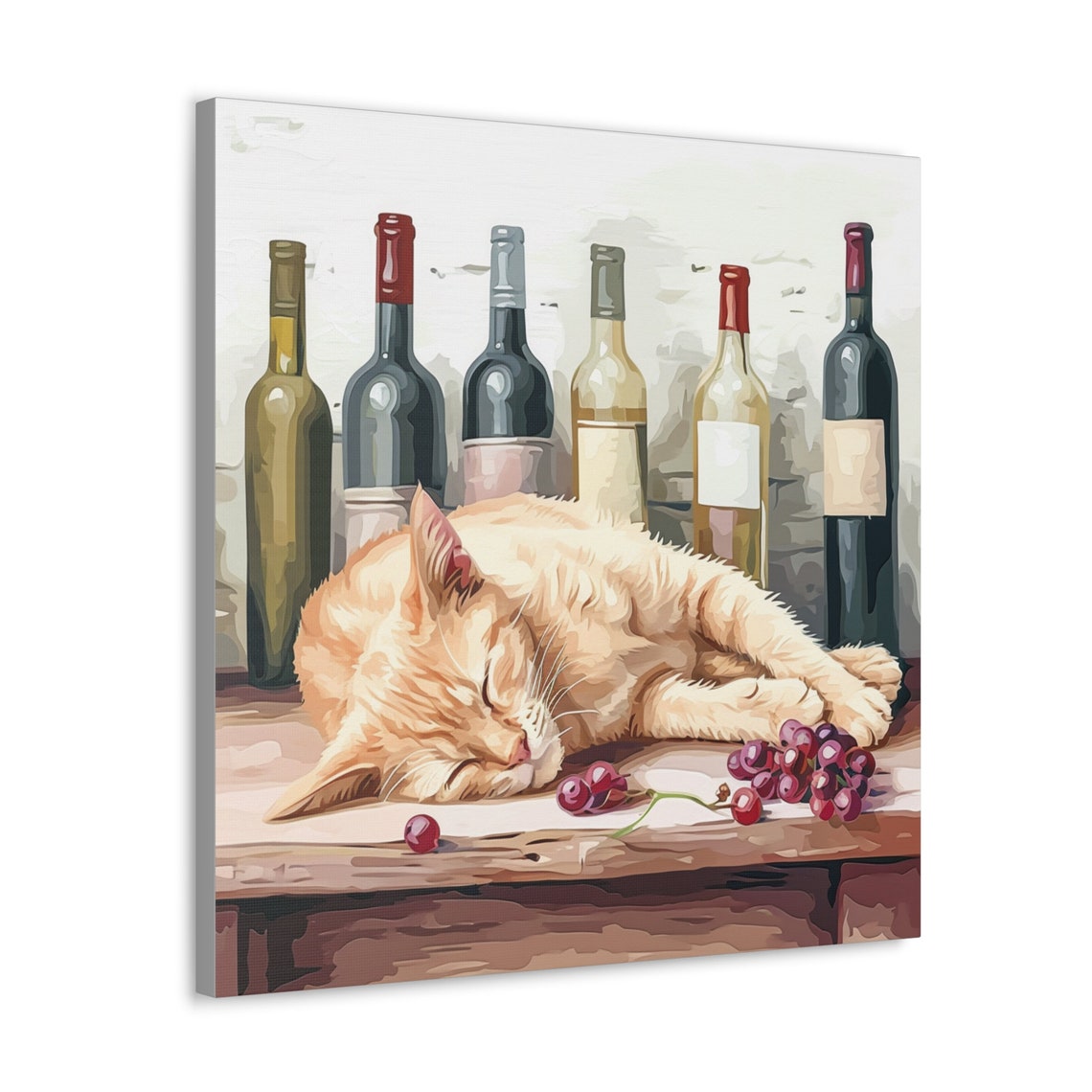 Light Orange Cat Sleeping Among Wine Bottles and Grapes Poster - Image 4