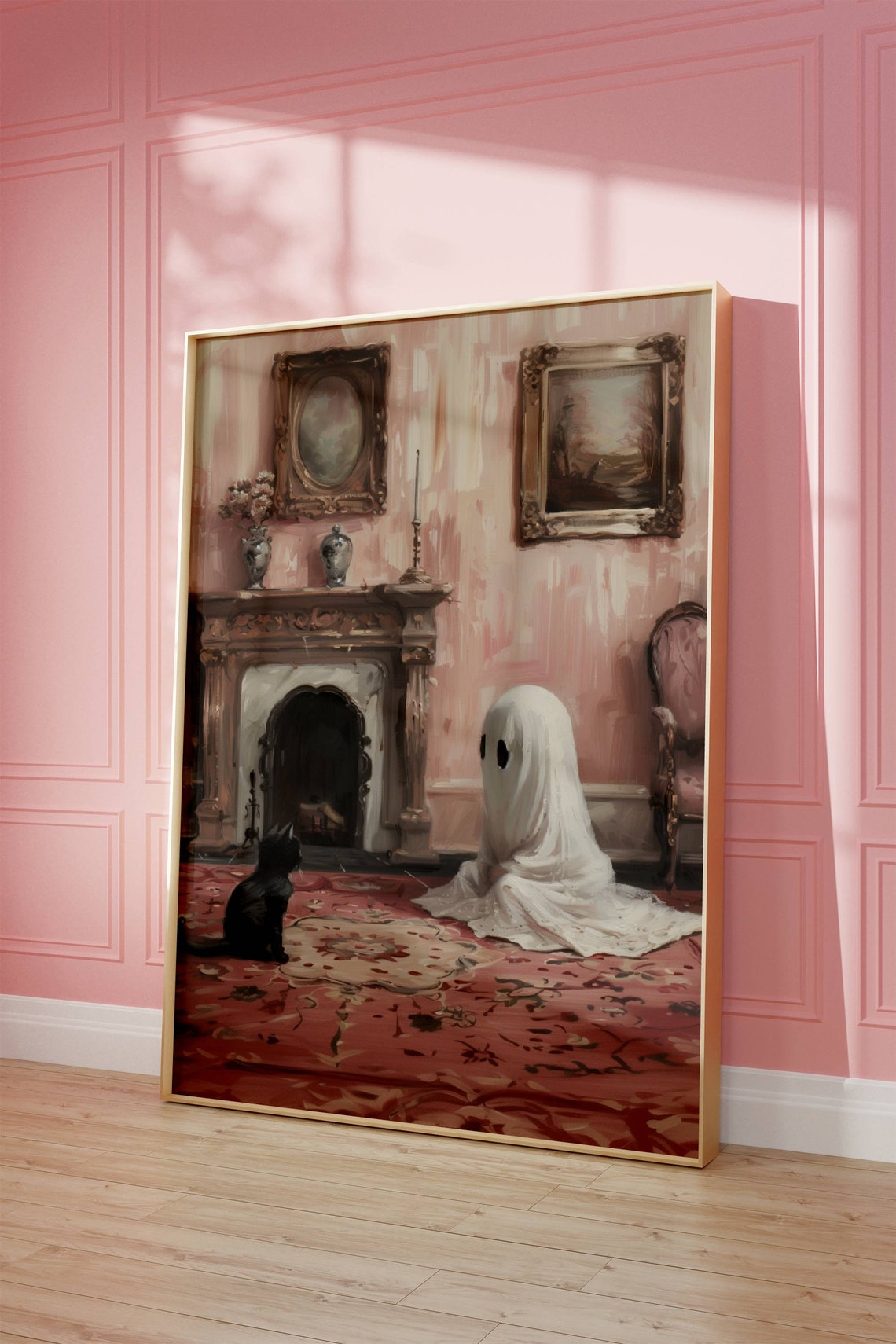 Cute Ghost And Black Cat Meeting In A Victorian Parlor Art Poster - Image 6