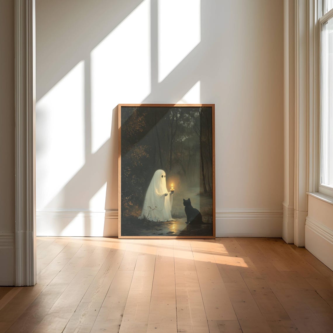 Ghost Holding A Candle In A Dark Forest Beside A Black Cat Poster - Image 7