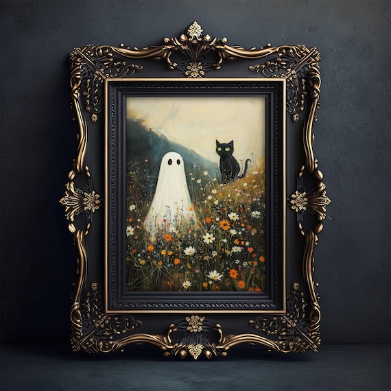 Ghost and Black Cat, Whimsigoth Halloween Poster