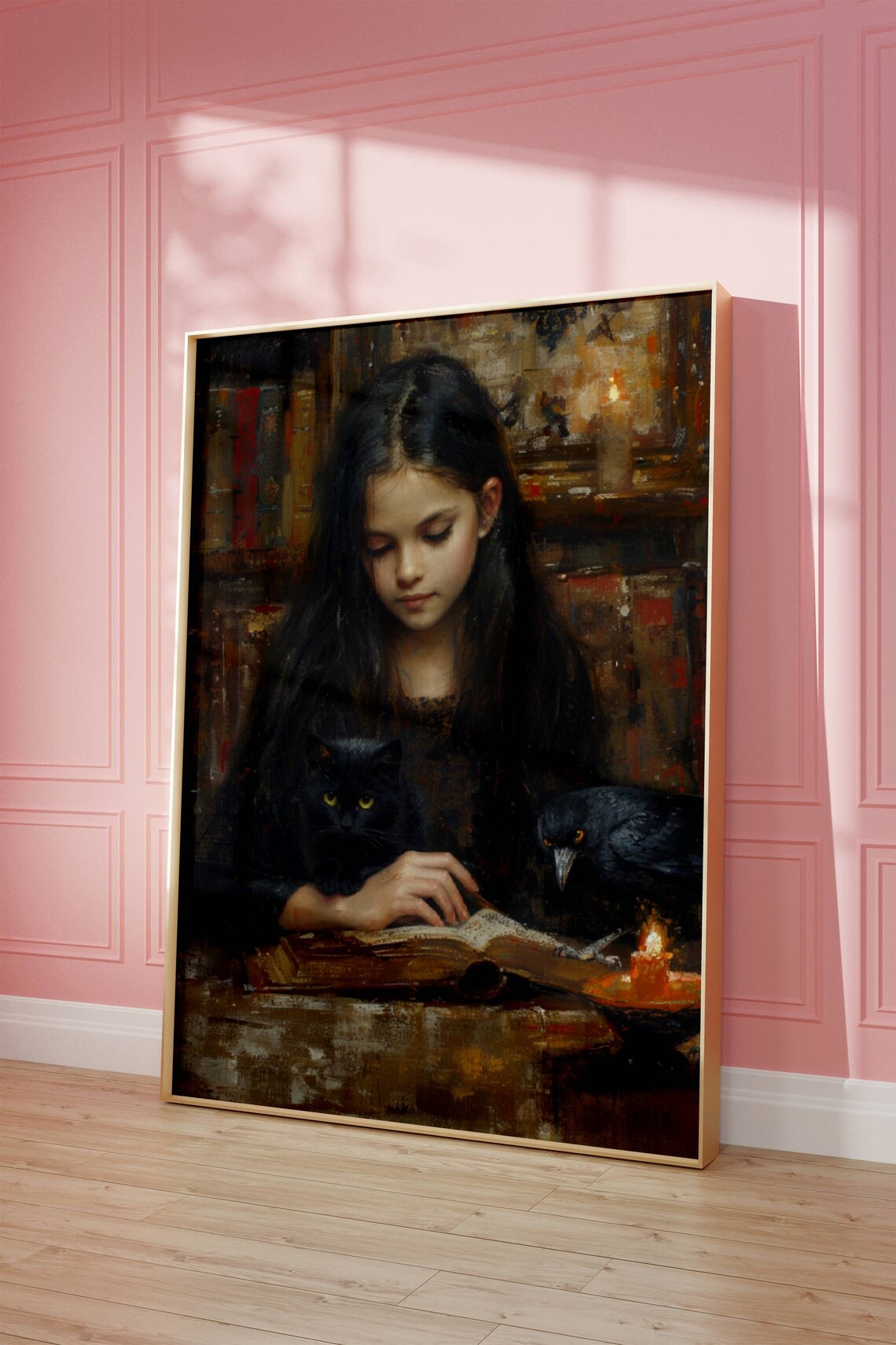 Girl Reading by Candlelight With a Black Cat and Crow Poster - Image 5