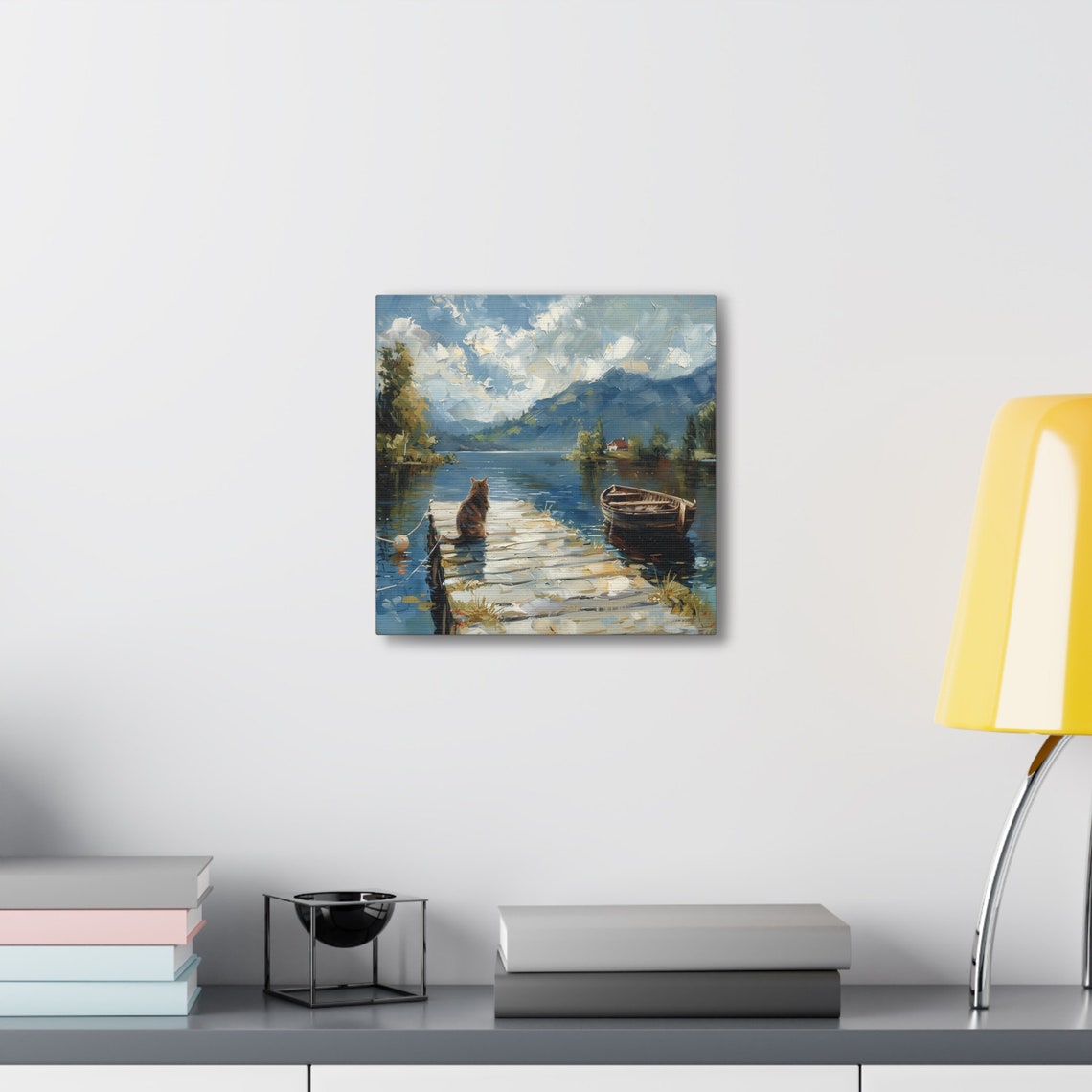 Tabby Cat Sitting on a Dock by a Mountain Lake with Rowboat Poster - Image 3