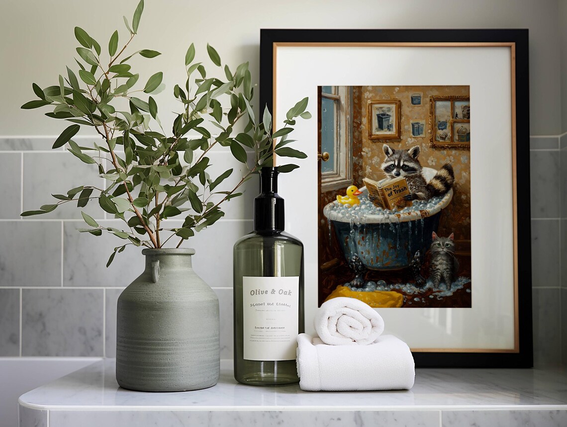 Raccoon Reading in Bathtub Funny Bathroom Wall Art - Image 5