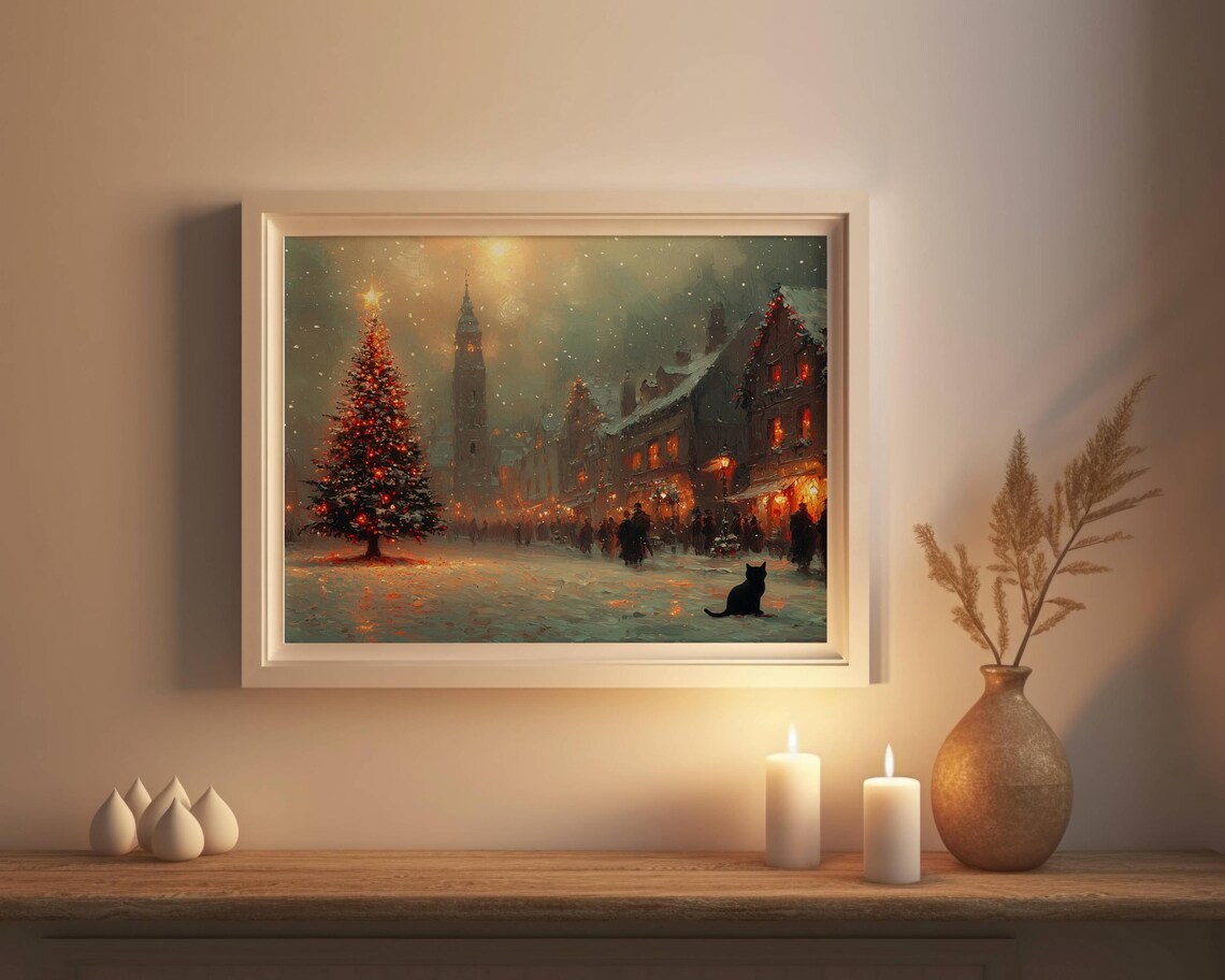Christmas City Scene With Black Cat, Impressionist Art Print - Image 3