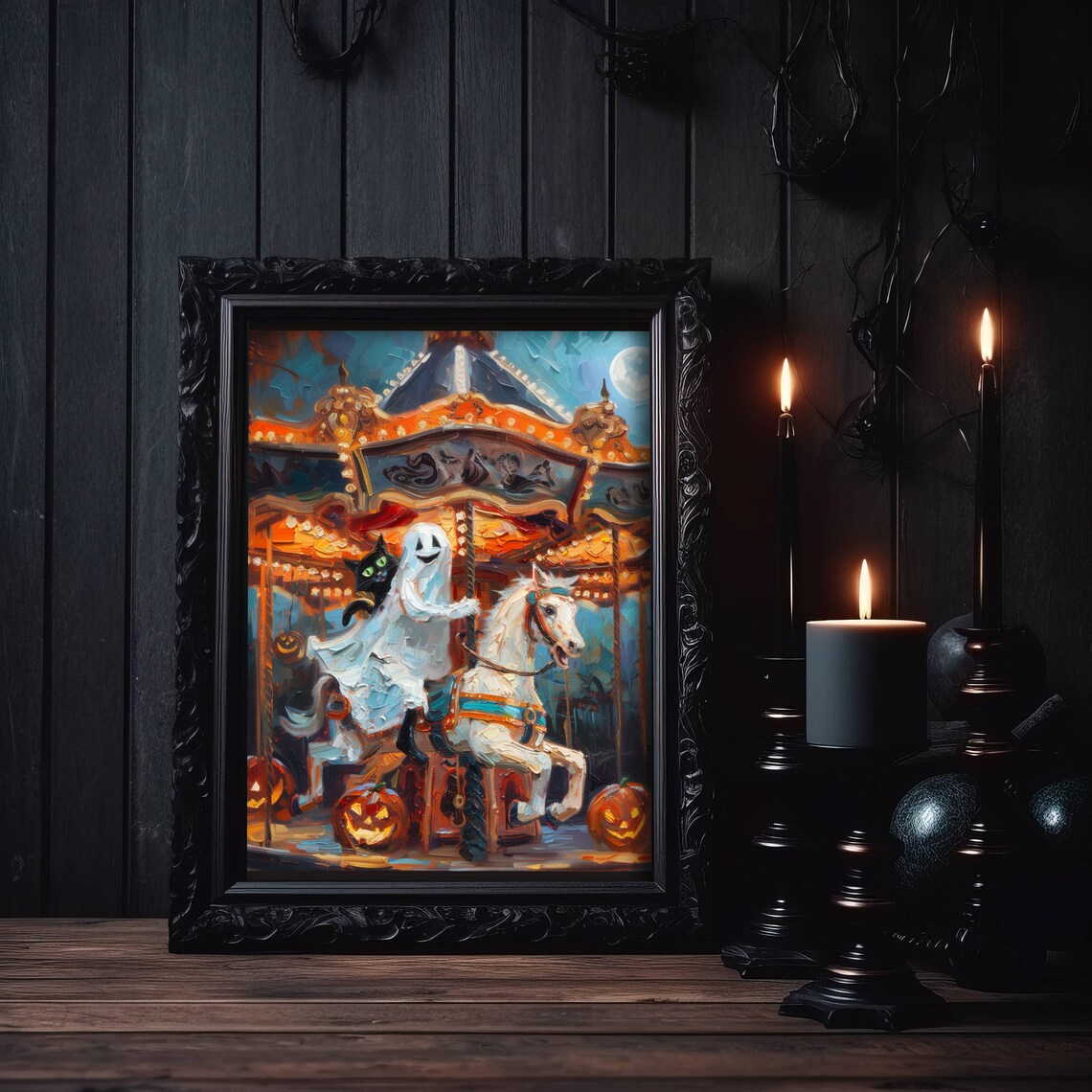 Ghost and Black Cat Carousel Halloween Art Print - Image 6