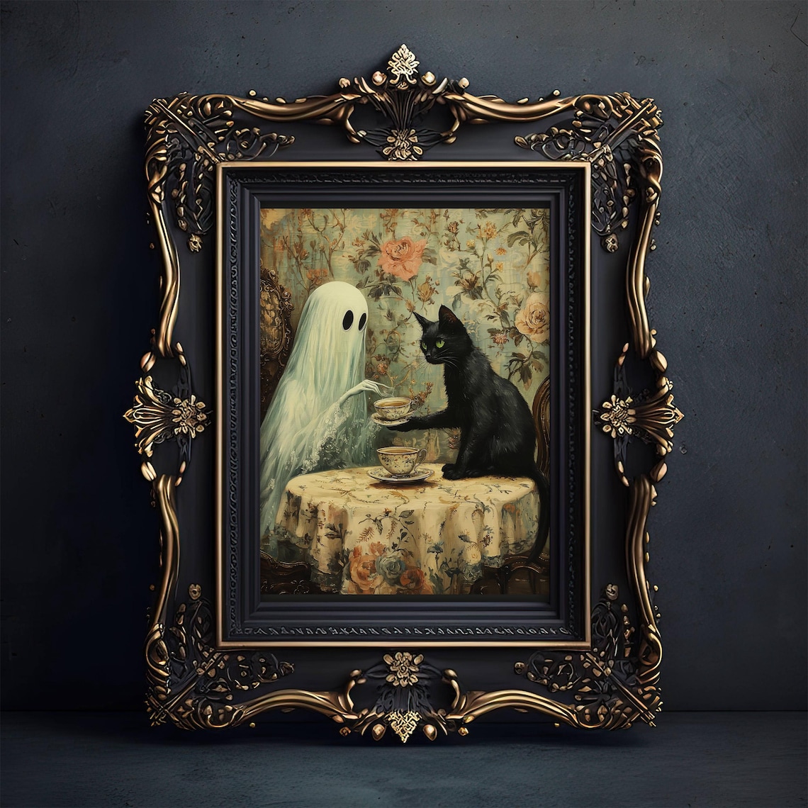 Ghost And Black Cat Teatime, Spooky Halloween Art Print