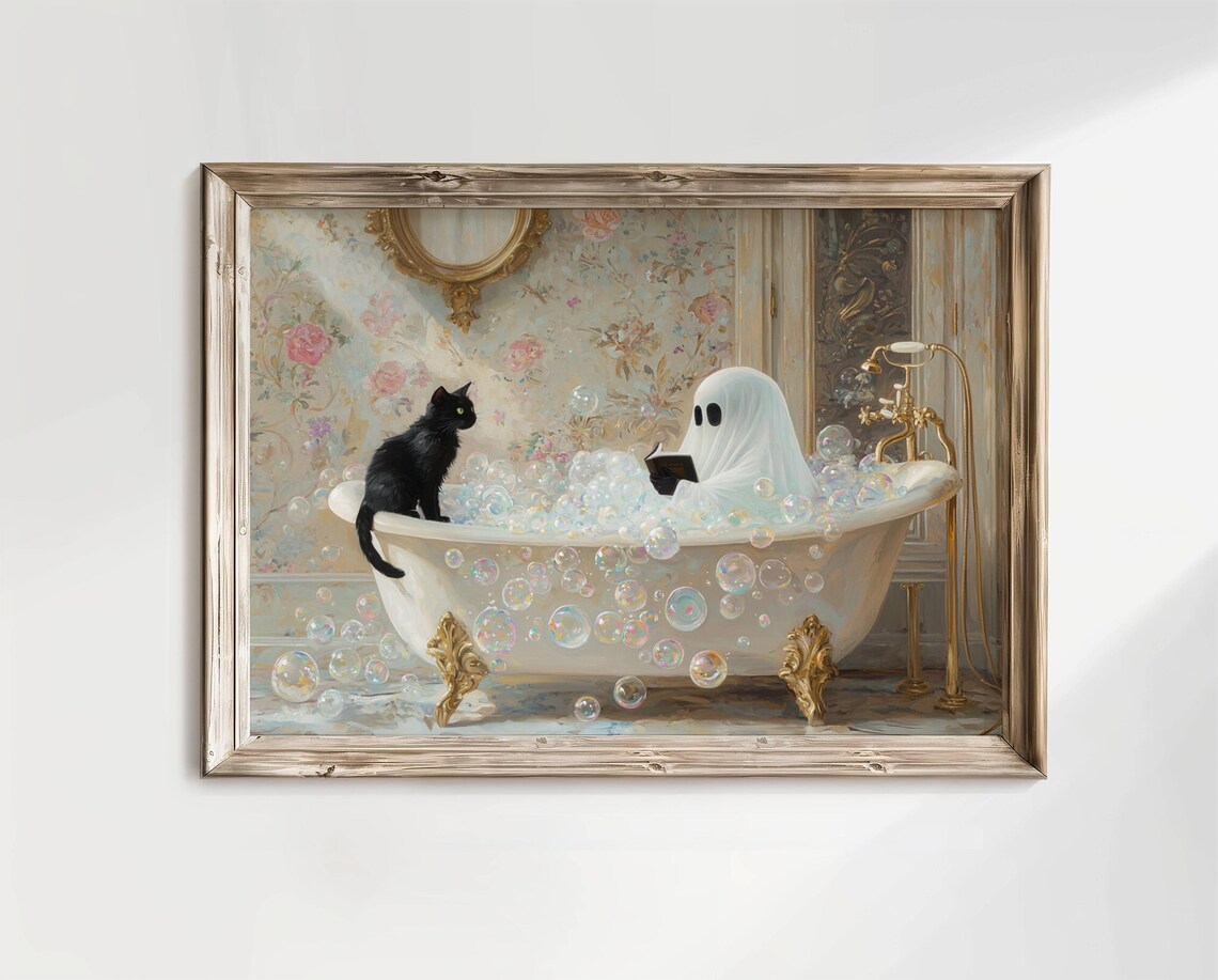 Ghost Reading in Bathtub, Whimsigoth Halloween Poster - Image 3