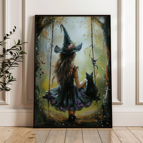 Witch And Black Cat On Swing Poster Witchy Wall Art Halloween Home Decor Spooky Print Unframed