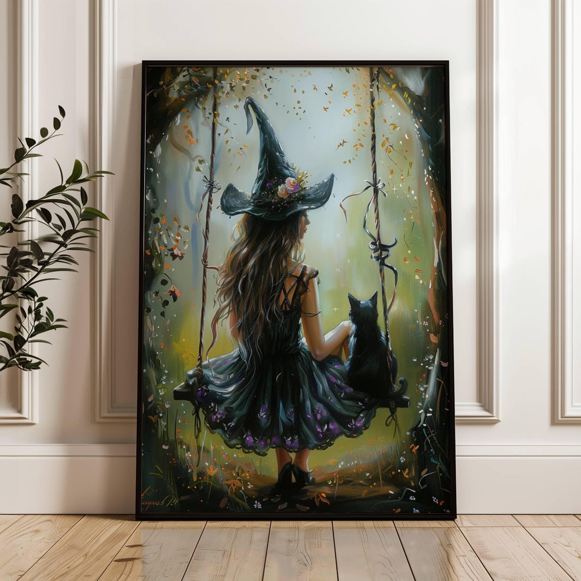 Witch on Swing with Black Cat Enchanted Forest Halloween Print