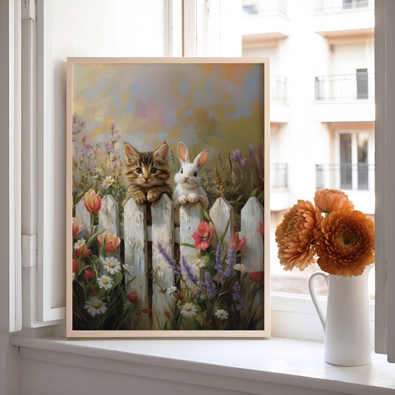 Tabby Kitten and Bunny Peeking Over a Picket Fence Spring Poster