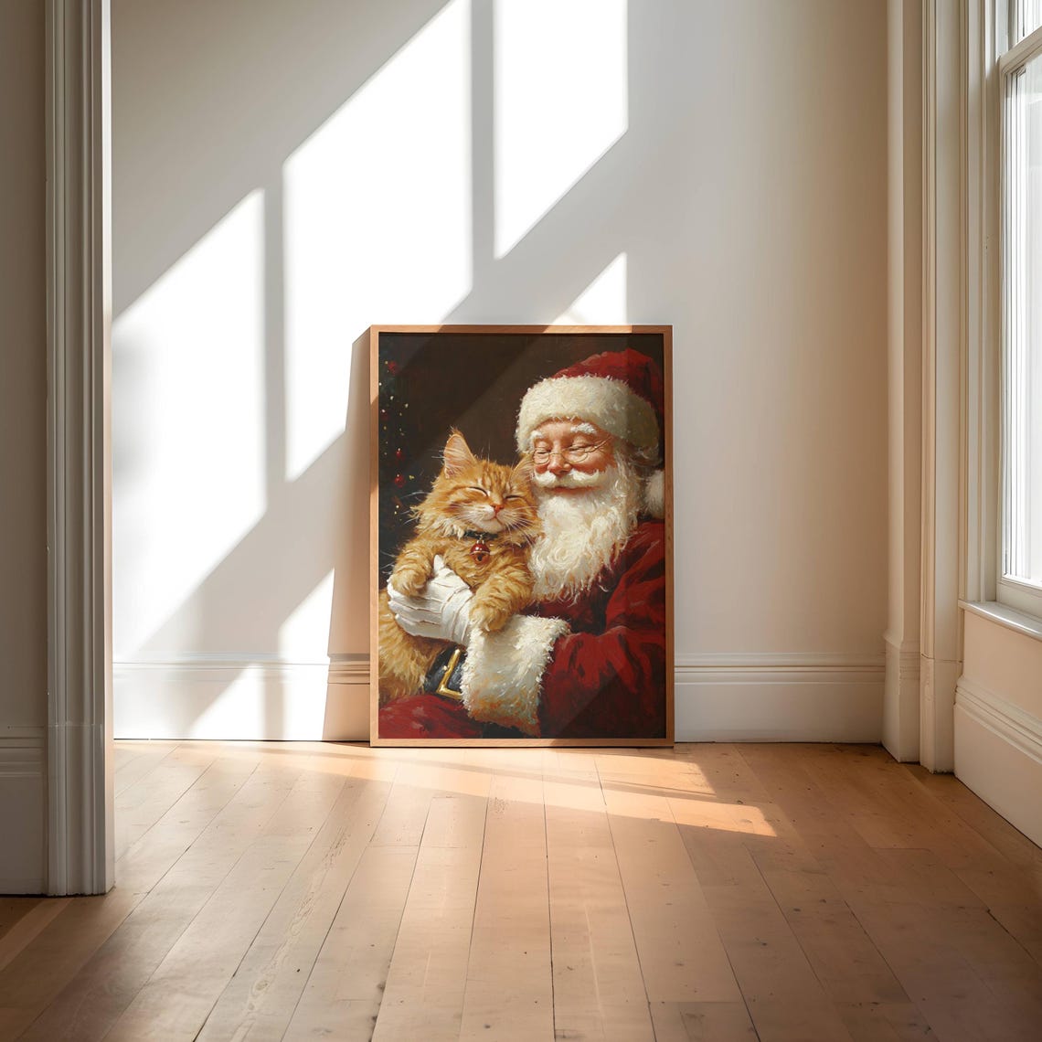 Santa Claus Hugging A Happy Ginger Tabby Cat Christmas Oil Poster - Image 3