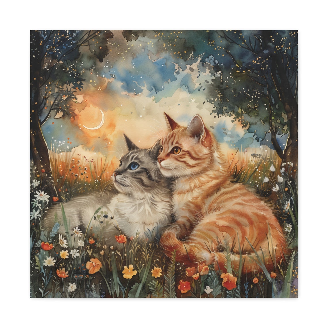 Two Cuddling Cats in a Dreamy Moonlit Wildflower Meadow Poster - Image 2