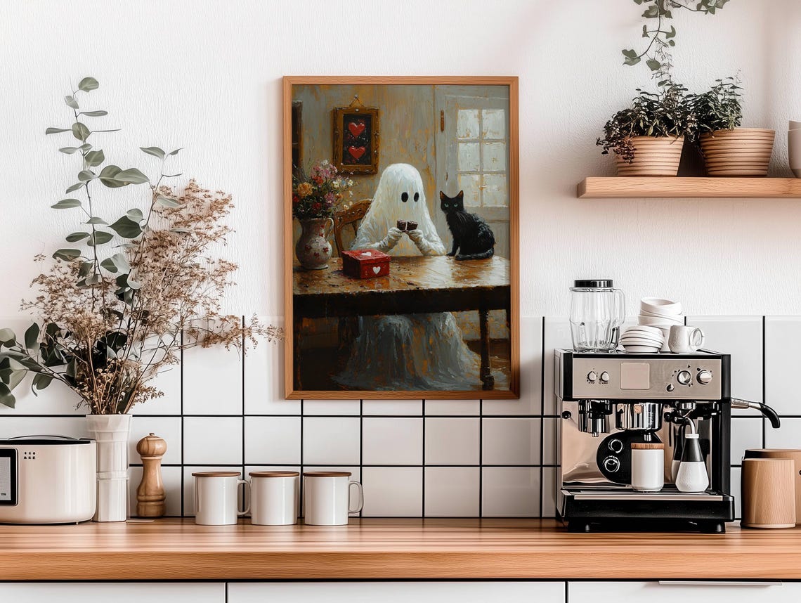 Ghost Sharing Valentine Chocolates with Black Cat Whimsical Poster - Image 4