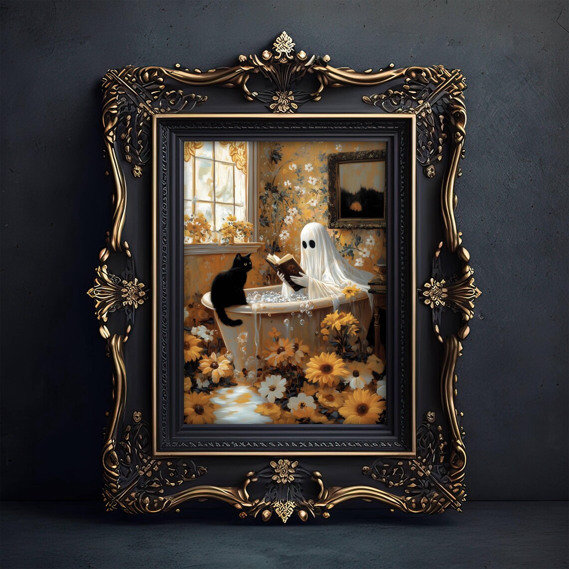 Ghost Reading in Bath, Whimsigoth Cat Wall Art Print