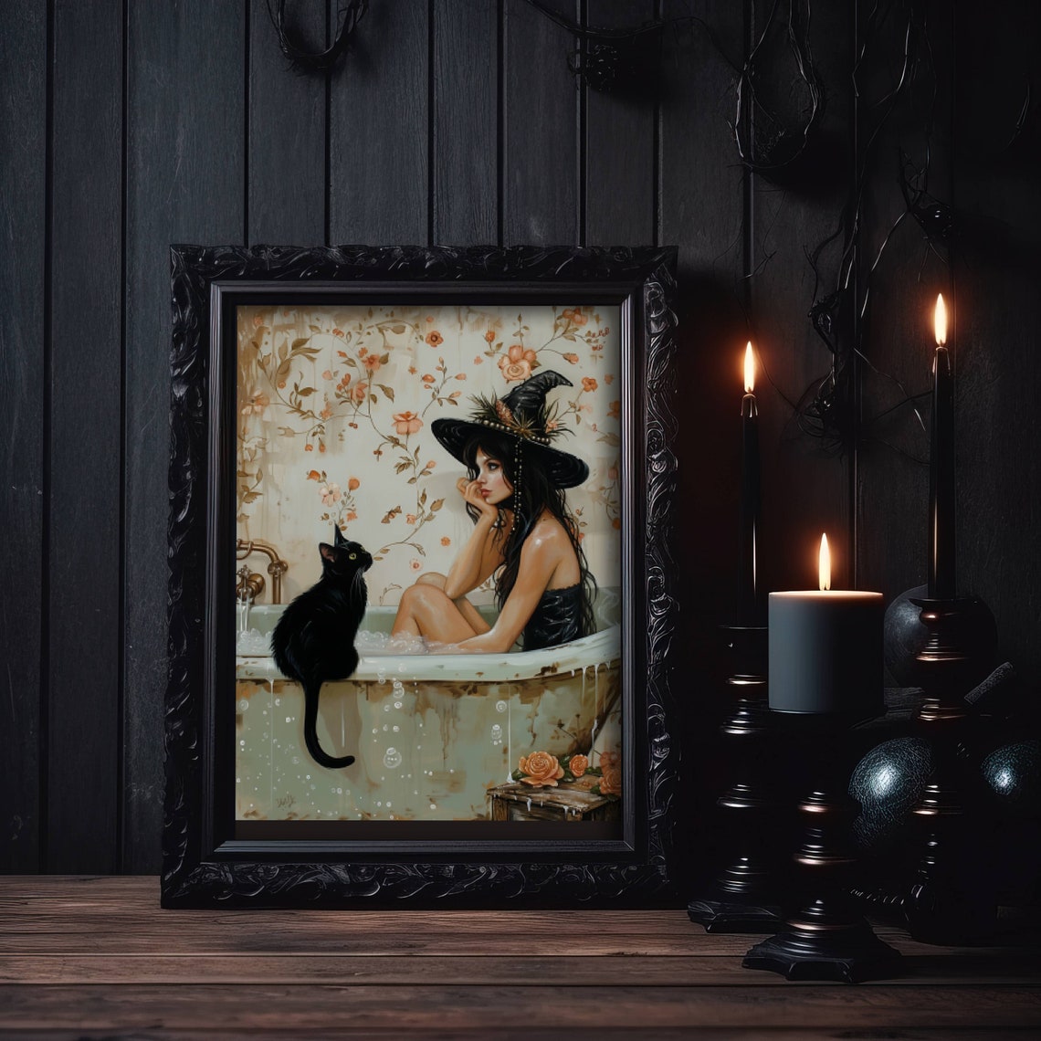 Pensive Witch Bathing In A Tub With A Black Cat Light Art Poster - Image 4