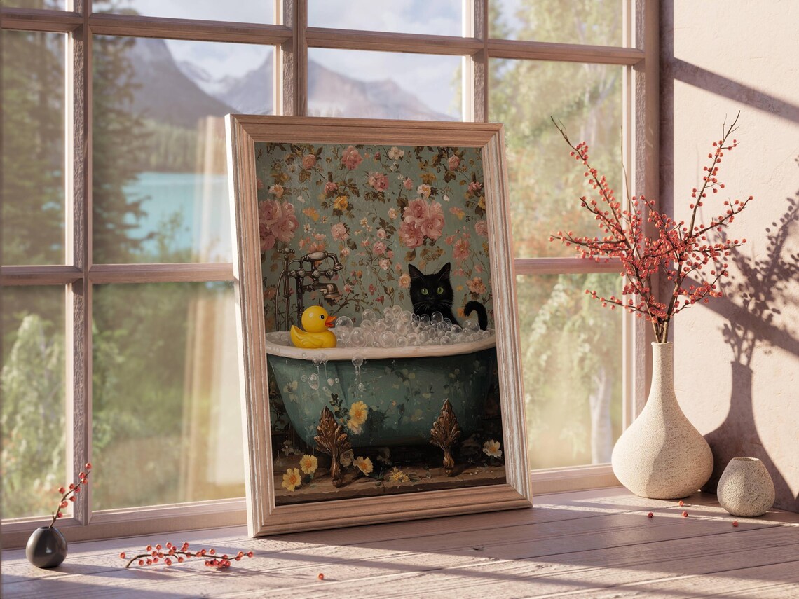 Black Cat and Rubber Duck Bubble Bath Art Print - Image 2