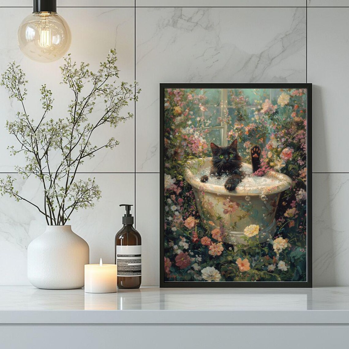 Black Cat In Garden Bubble Bath, Floral Cat Art Print - Image 2