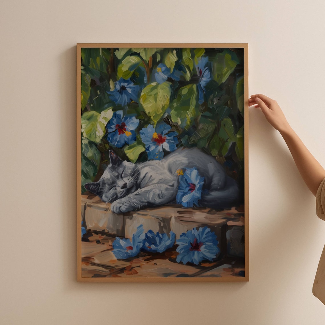 Russian Blue Cat in Hibiscus, Floral Art Print - Image 4