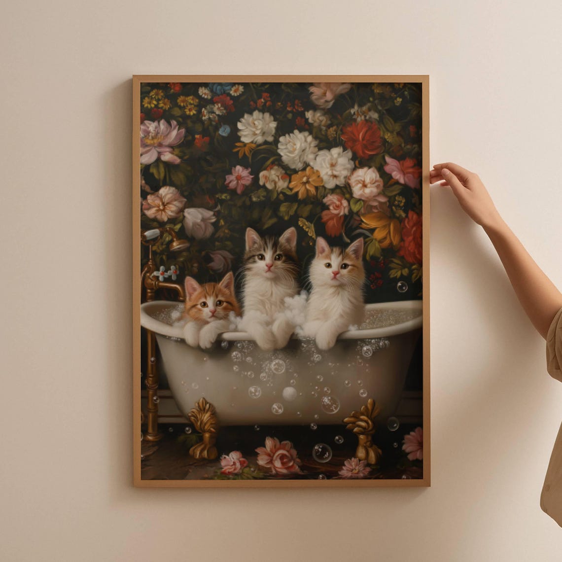 Three Cute Kittens In A Bubble Bath Vintage Floral Art Poster - Image 4