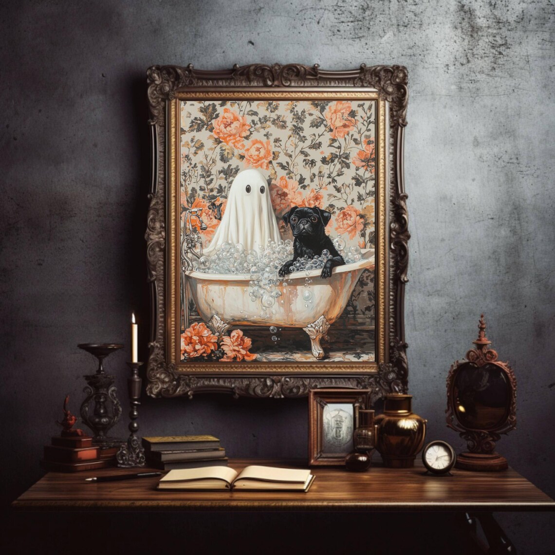 Ghost And Black Pug In Bathtub Wall Art Print - Image 3