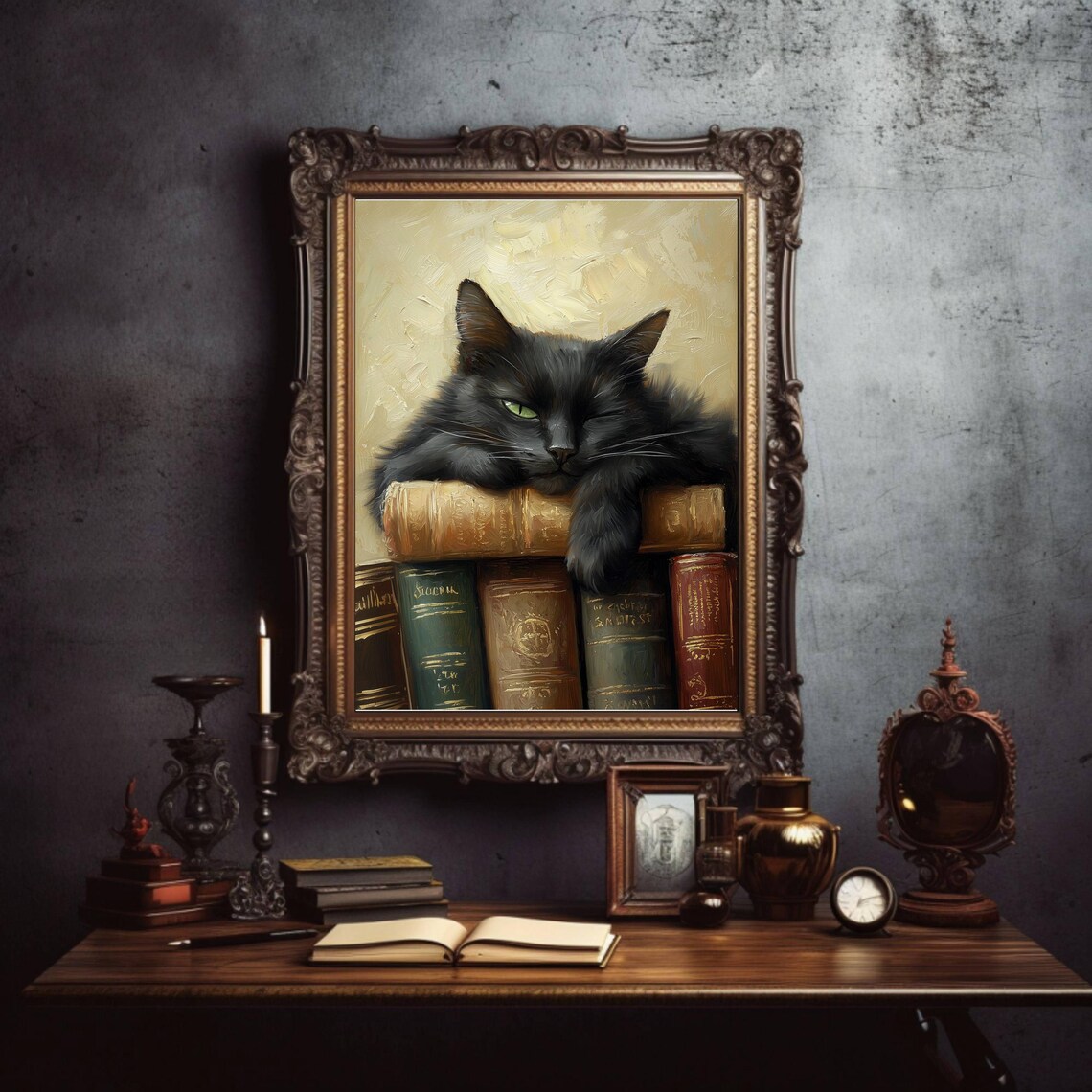 Cozy Black Cat and Books, Light Academia Art Print - Image 2