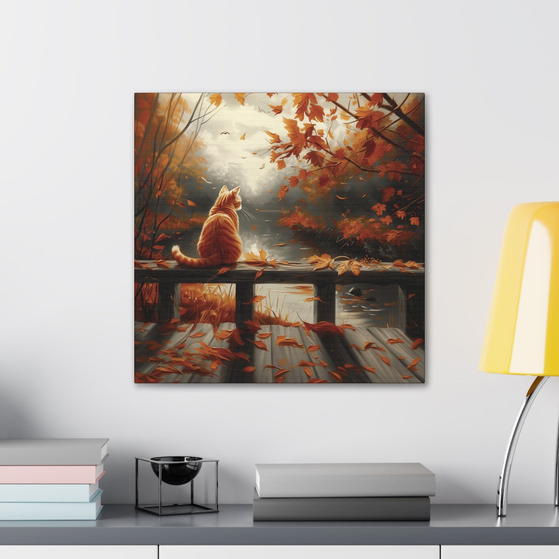 Orange Cat on Autumn Bridge Watching Fall Lake Leaves Painting Poster - Image 3