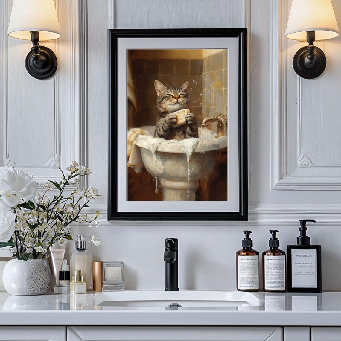 Tabby Cat Taking Bath In Sink Cute Bathroom Art Print - Image 7