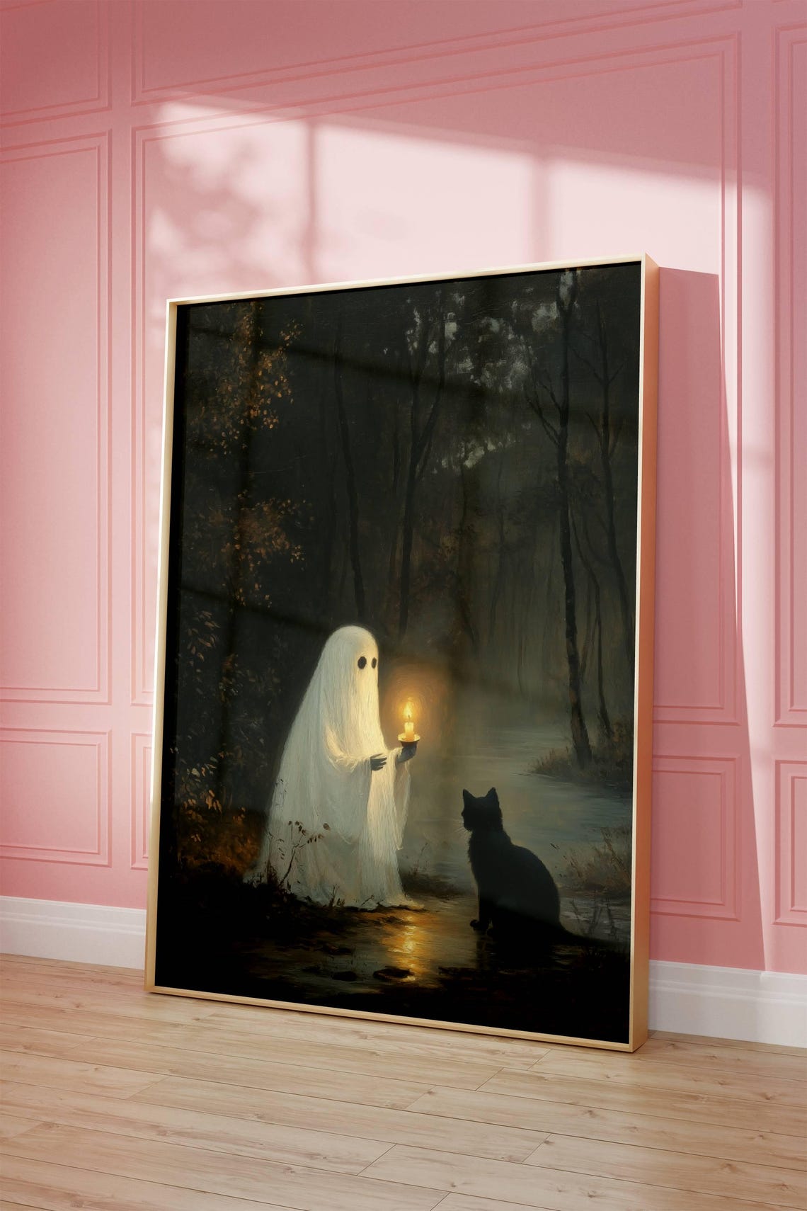 Ghost Holding A Candle In A Dark Forest Beside A Black Cat Poster - Image 5