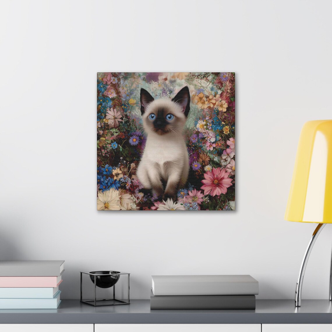 Blue-Eyed Siamese Kitten Sitting in a Burst of Colorful Spring Wildflowers Poster - Image 5