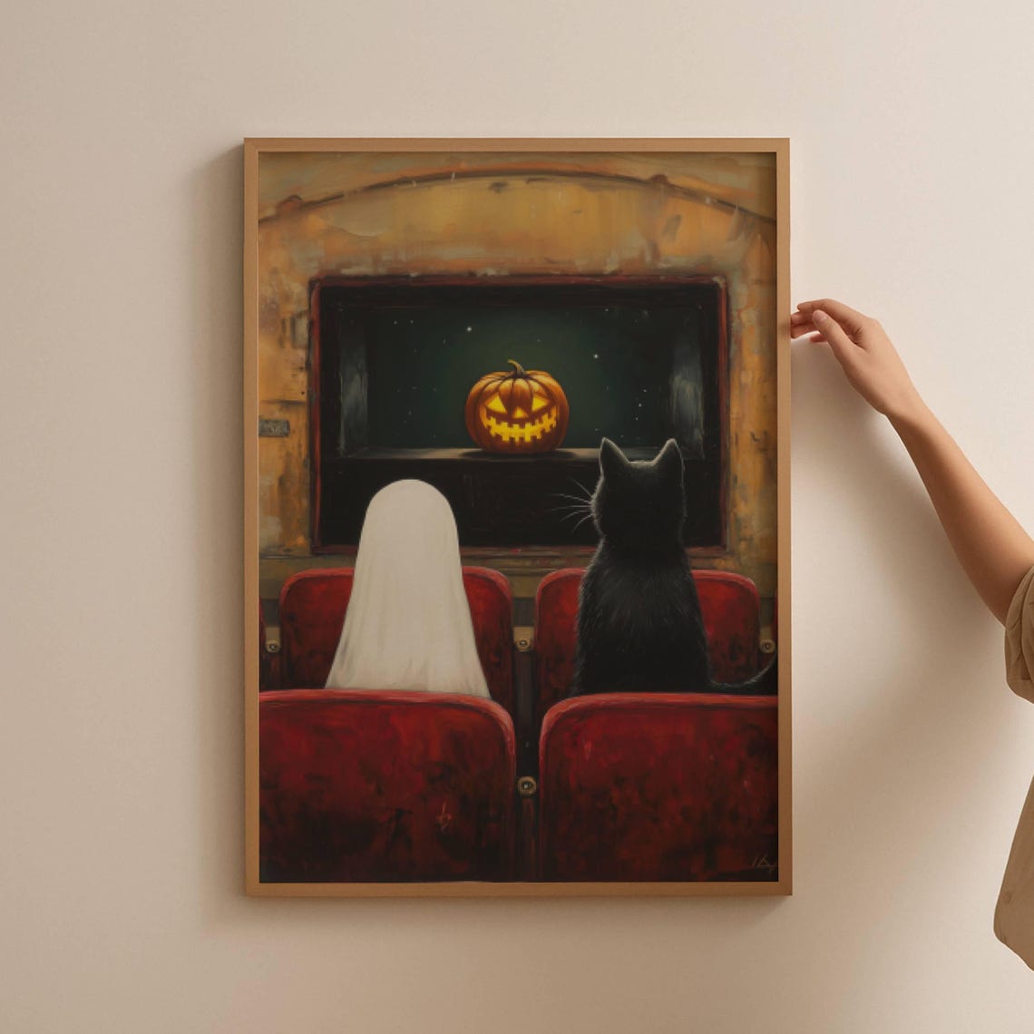 Ghost and Black Cat Watching a Pumpkin Movie in a Theater Poster - Image 5