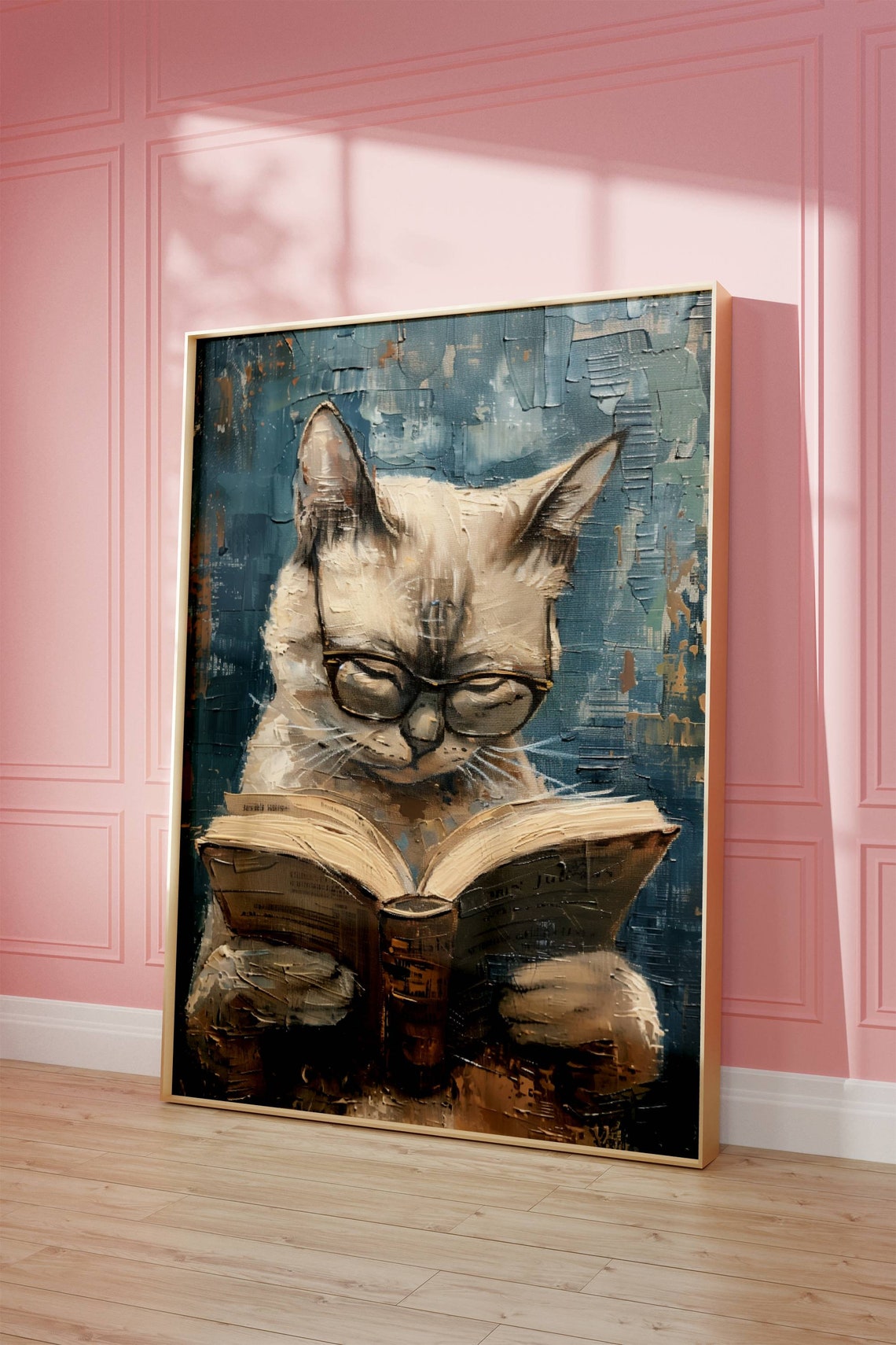 Siamese Cat With Glasses Reading A Book In A Library Art Poster - Image 5