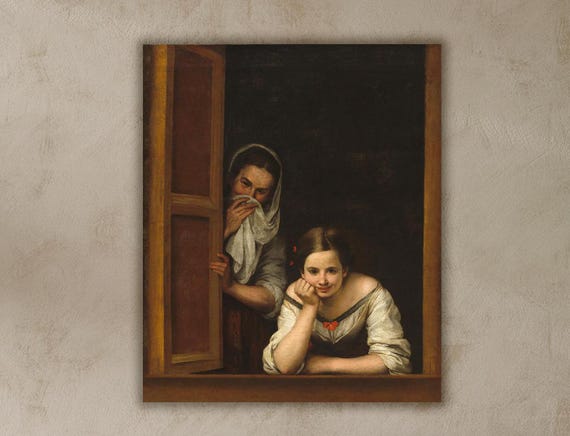 Two Women At A Window, Murillo Baroque Art Print