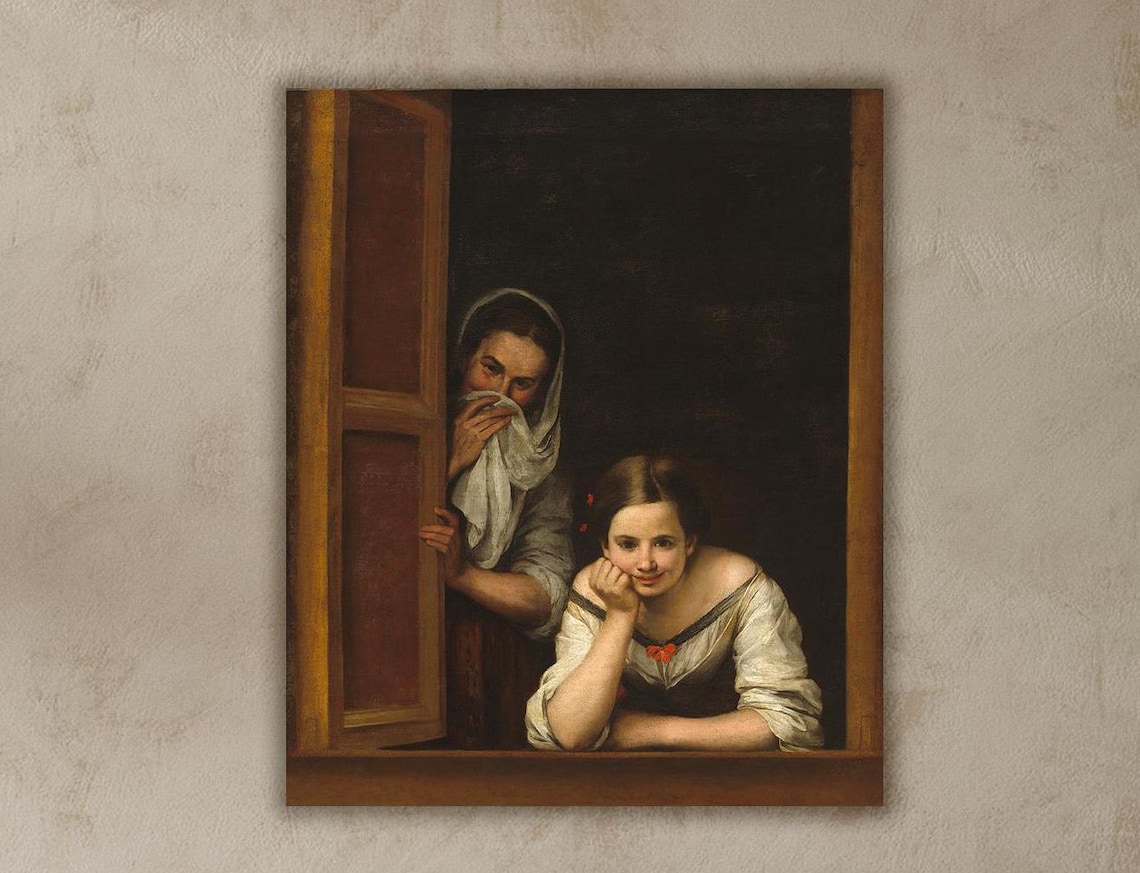 Two Women At A Window, Murillo Baroque Art Print