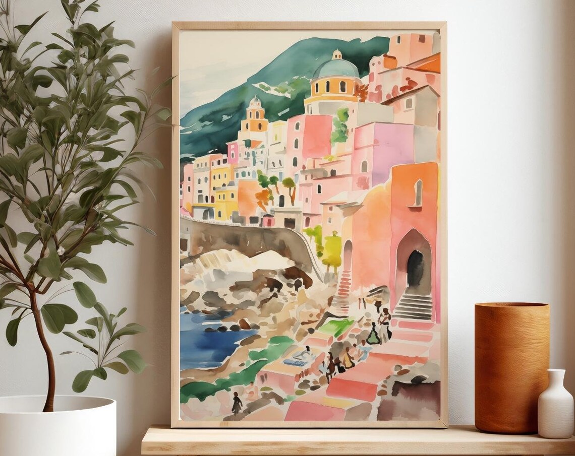 Amalfi Coast Cliffside Village Watercolor Colorful Houses Italy Poster