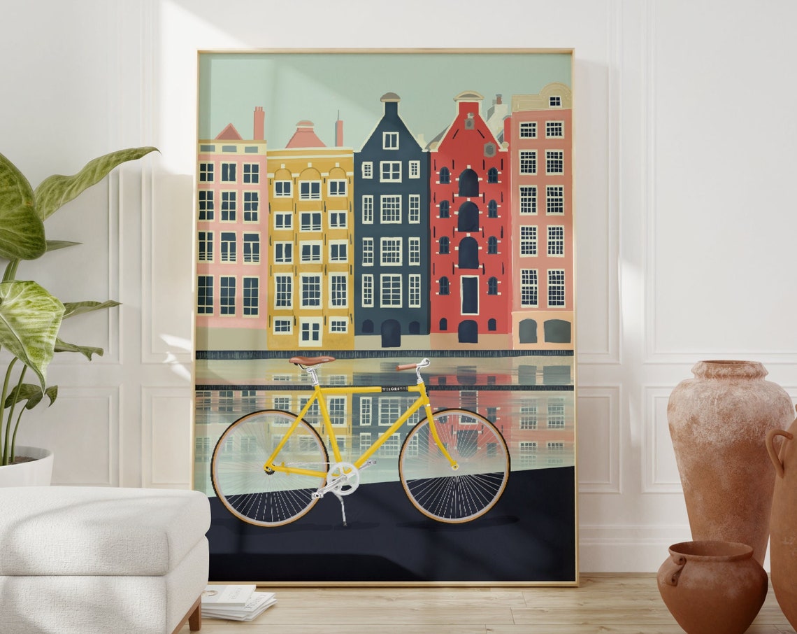 Amsterdam Canal House Row Yellow Bicycle Water Reflection Art Poster - Image 4