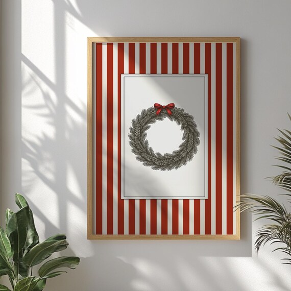 Christmas Wreath Red Bow Vintage Holiday Sketch Striped Frame Poster