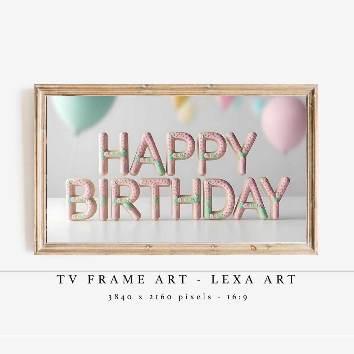 Happy Birthday Pink Cookie Letters Pastel Balloons Tv Frame Poster